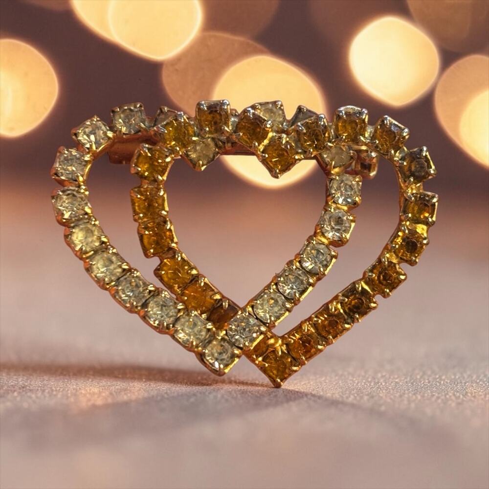 Vintage Double Heart Rhinestone Brooch Amber Crystal Sweetheart Glam Pin